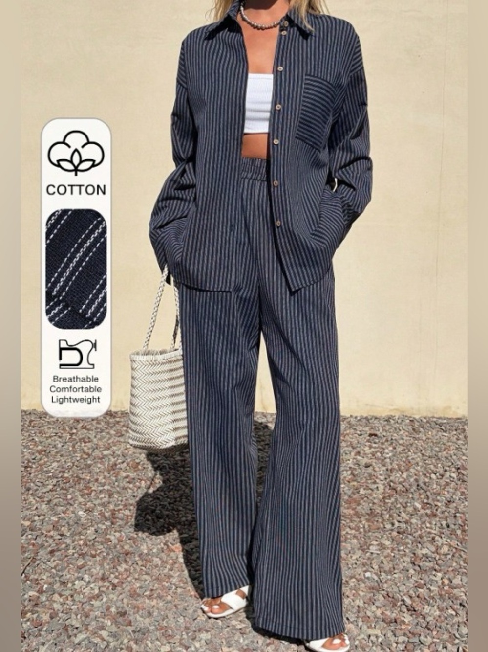 Striped Navy Cotton Blazer & Wide-Leg Pant Set